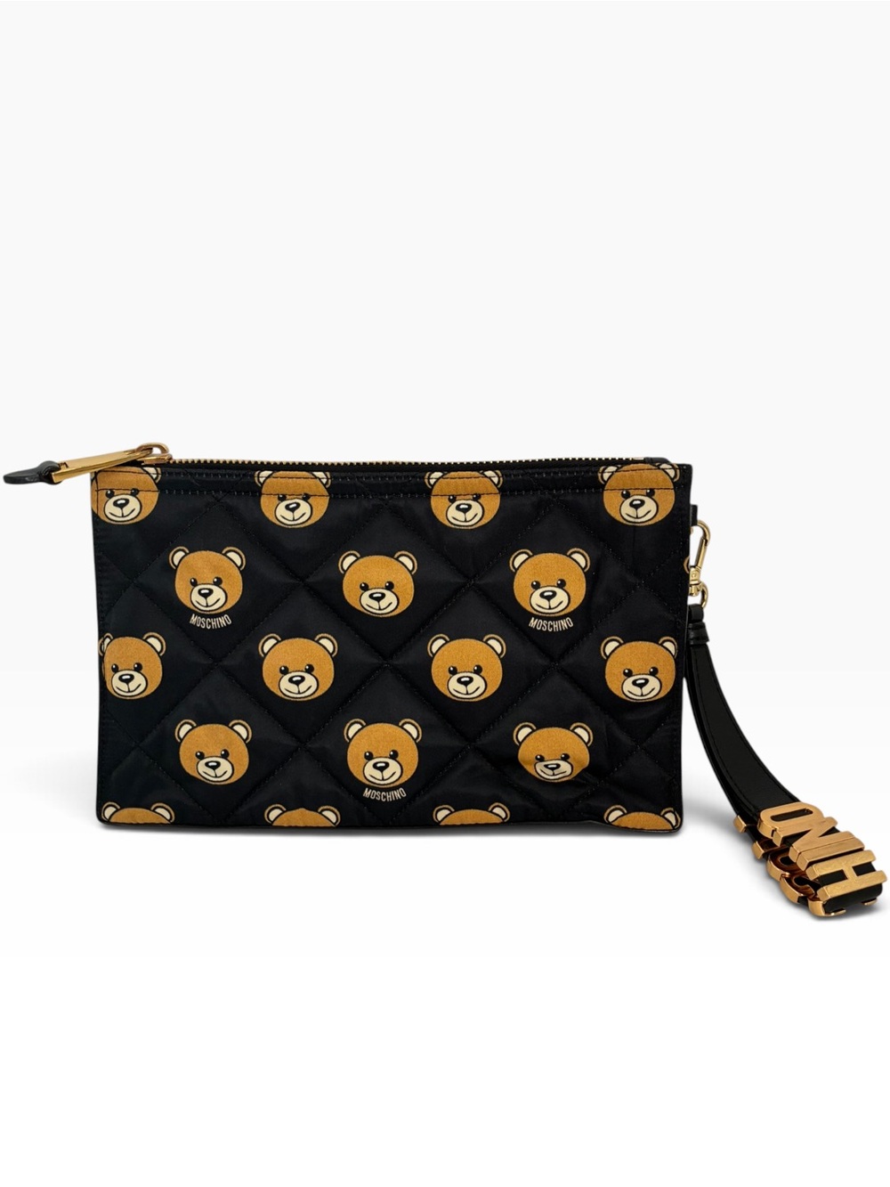 Moschino Black Quilted Teddy-Print Wristlet Clutch with Gold Hardware